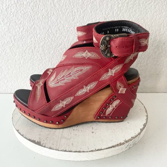 Lane Boots LEXINGTON Womens Red Wedges 10 Western Sandals Cowgirl Wooden Heels - Picture 4 of 10